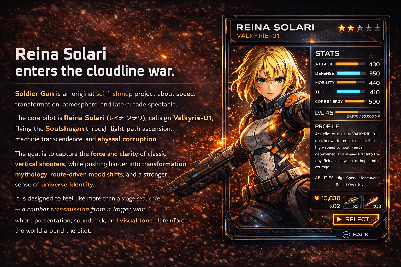 Reina Solari character artwork with integrated project description and pilot profile